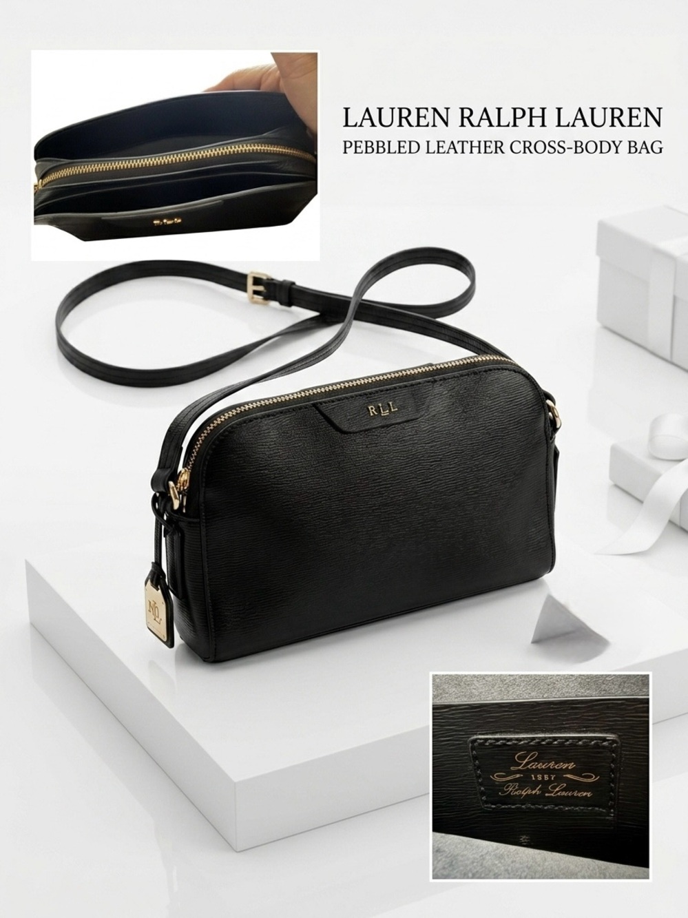 Lauren Ralph Lauren Black Leather Crossbody Bag gold tone hardware